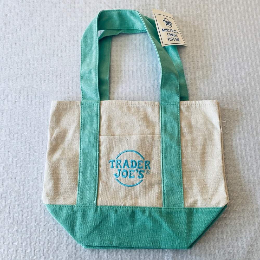 Trader Joe's Mini Pastel‎ Canvas Tote Bag Teal Green Cream NWT Limited Edition